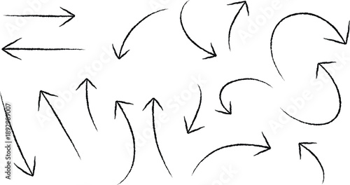 A collection of hand drawn arrows in various directions and styles on a white background