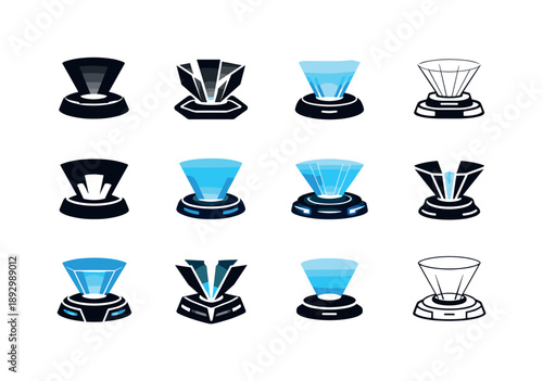 Tech Logo Variations. Tech gadget display. Icon set. Set Logo of Tech gadget display: holographic tech stand. harmonious logo variations of the same emblematic