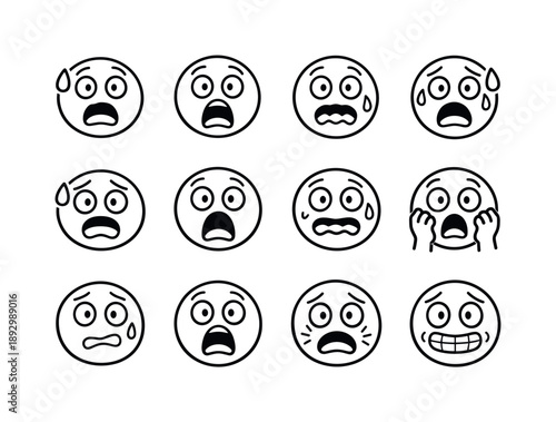 Scared Emoji Icons. Scared face. Line icon set of Scared face: wide eyes, raised eyebrows, open mouth, trembling lips, sweat drop, shocked expression, fearful