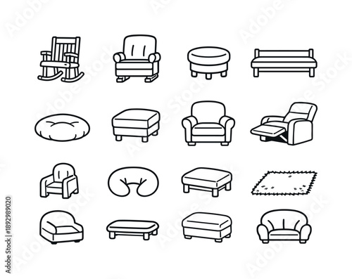 Nursery Seating Icons. Nursery seating options. Line icon set of Nursery seating options: rocking chair, glider chair, cushioned stool, bench seat, floor