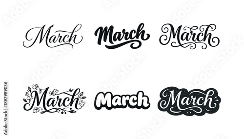 March Lettering Harmony. March postcard. Set lettering. harmonious lettering variations of the same emblematic concept, each with different artistic