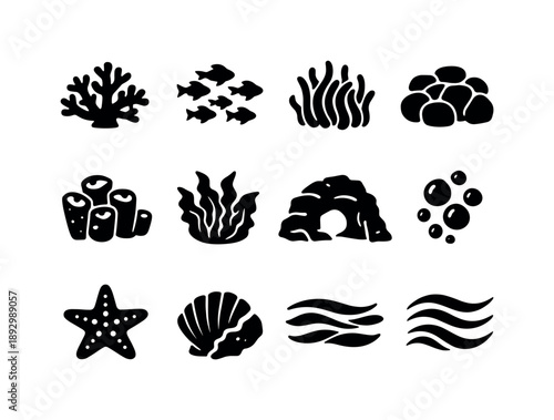 Ocean Reef Icons. Ocean Reef Life. Solid icon set of Ocean Reef Life: coral colony, reef fish school, sea anemone tentacles, hard coral block, sponge form,