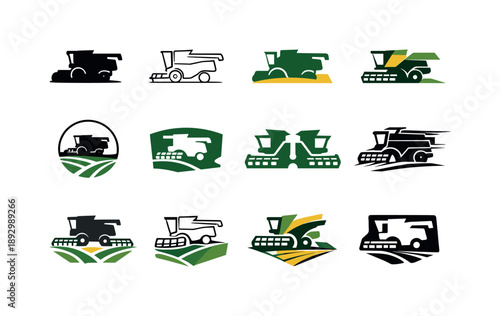 Farming Machinery Logos. Farming machinery. Icon set. Set Logo of Farming machinery: combine harvester. harmonious logo variations of the same emblematic
