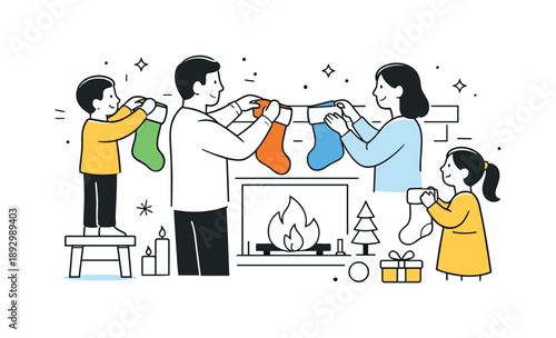 Family Stocking Tradition. People hanging stockings together. Family members carefully hanging stockings on a wall or fireplace. Calm holiday preparation and