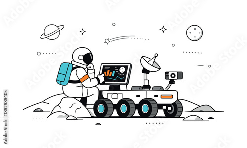 Lunar Rover Discovery. Future space research. A rover stops to analyze data on a tablet-like panel while parked on a distant moon surface. Thoughtful pause,