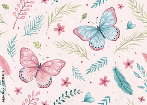 Charming watercolor seamless pattern featuring pink and blue butterflies with soft green leaves and pink flower buds on a light pink background