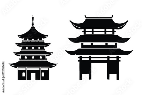 Japanese Pagoda and Gate Silhouettes