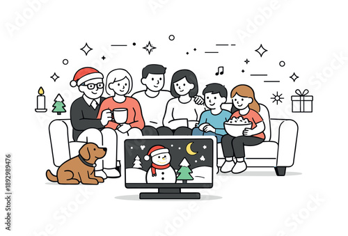 Festive TV Gathering. Group watching holiday TV special. Family and friends sitting together on a couch, watching a festive show on television. Cozy