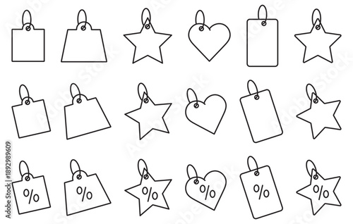 Sale and discount white solid icon set featuring various shapes. Includes special offer, best price, and promo label symbols for marketing, retail, and e-commerce projects.