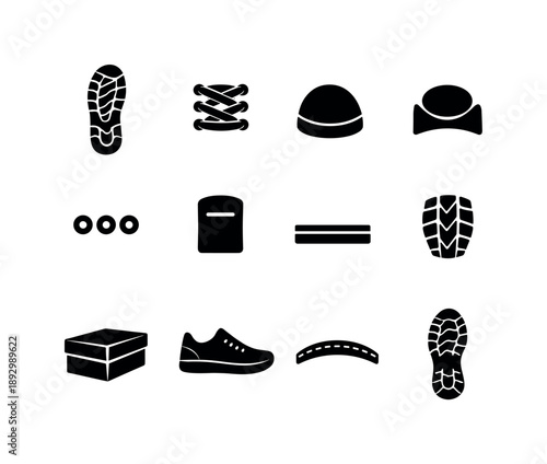 Sneaker Elements Icons. Sneaker elements. Solid icon set of Sneaker elements: sole pattern, lace detail, toe cap, heel patch, eyelets, tongue label, midsole