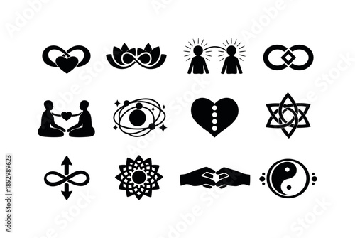Spiritual Connection Icons. Spiritual Connection. Solid icon set of Spiritual Connection: infinity heart, lotus bond, aura connection, soul link symbol,