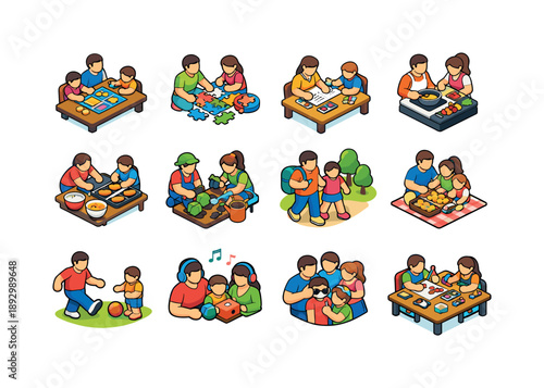 Family Fun Icons. FamilyActivities. Colorful isometric vector icons set of FamilyActivities: board game playing, puzzle solving, drawing together, cooking