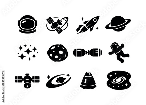 Space Icon Set. Rocket space. Solid icon set of Rocket space: astronaut helmet, satellite orbit, rocket in space, planet ring, stars field, moon crater, rocket