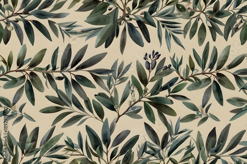 Elegant olive branch pattern with detailed leaves and tiny olives, muted sage green on a soft ivory background, high definition background, mock up wallpaper Generative Ai
