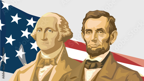 Illustration of George Washington and Abraham Lincoln with United States flag background for Presidents Day in America