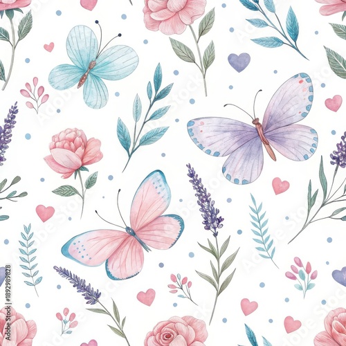 Delicate Watercolor Pattern of Lavender, Roses, and Butterflies - Soft Romantic Floral Background
