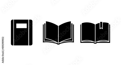 Collection of three black book icons representing different states of a book
