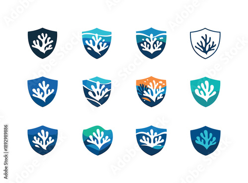 Coral Reef Logos. Coral reef protection. Icon set. Set Logo of Coral reef protection: coral reef with marine shield. harmonious logo variations of the same