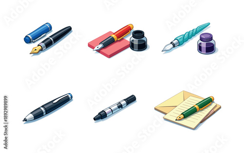Isometric Writing Tools. Writing instruments. Isometric flat vector icons set of writing instruments: ink pen with cap, pen and blotting paper, glass dip pen,