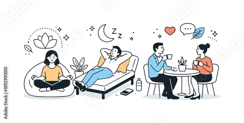 Serene Office Oasis. Wellness-focused office. Professionals taking breaks in lounge areas with natural light and abstract icons for relaxation and well-being.