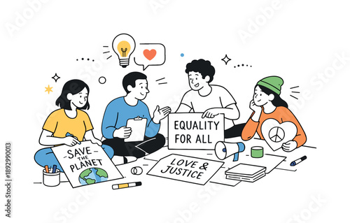 Collaborative Poster Making. Social activism. A small group discussing ideas while preparing posters and messages. Focused collaboration and thoughtful