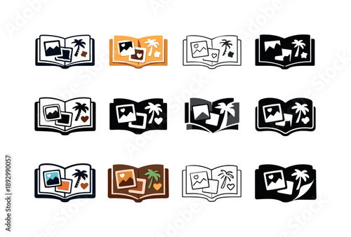 Travel Scrapbooking Icons. Travel scrapbooking process. Icon set. Set Logo of Travel scrapbooking process: notebook with photos and stickers. harmonious logo