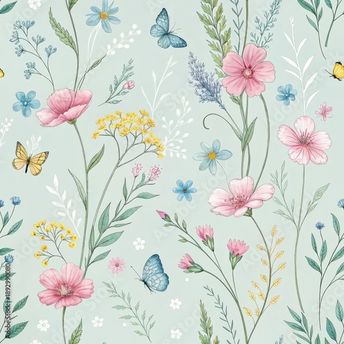 Delicate watercolor meadow scene with pastel pink, blue, and yellow flowers, lush green grasses, and butterflies