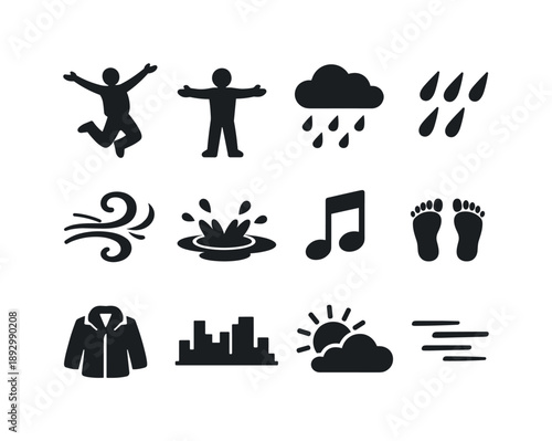 Freedom Rain Icons. Freedom in the Rain. Solid icon set of Freedom in the Rain: jumping person, open arms pose, rain cloud, raindrops, wind swirl, puddle
