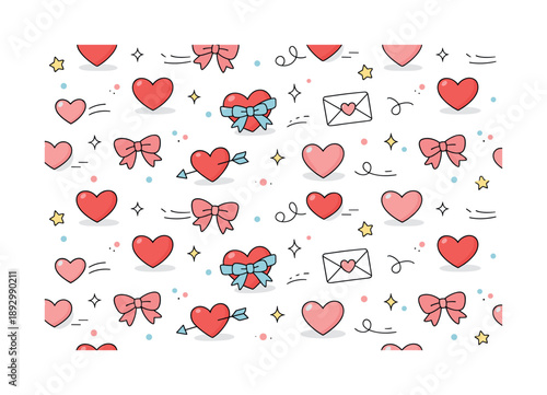 Valentine's Pattern Design. Valentine?s Day seamless pattern. Friendly repeating illustration with hearts, ribbons and abstract dots, playful yet calm mood.