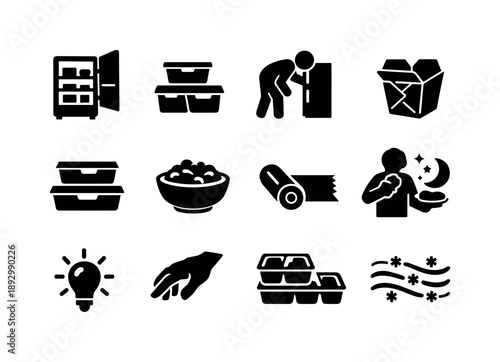 Fridge Icons Collection. Checking the fridge for leftovers. Solid icon set of checking the fridge for leftovers: open refrigerator, food containers, person