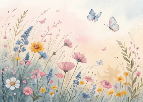 Whimsical watercolor meadow with colorful wildflowers and butterflies in soft pastel tones, creating a dreamy and joyful atmosphere.