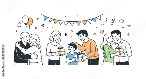 Joyful Family Celebration. Family gathering. A simple scene of family members exchanging greetings and small gifts during a celebration, surrounded by subtle