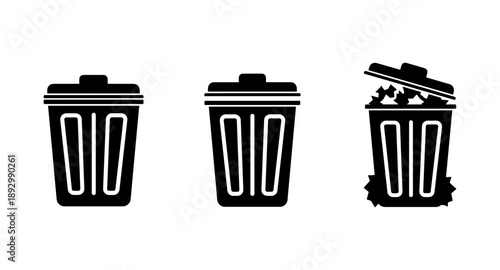 Three black trash can icons, one overflowing with waste, on a white background