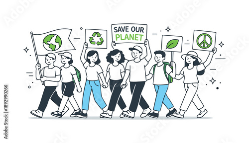Eco March Unity. Eco activism march unity. Participants walking side by side with raised signs and green symbols, unity and peaceful determination. Minimalist