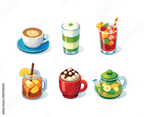 Colorful Specialty Drinks. Specialty Drinks. Isometric flat vector icons set of Specialty Drinks: artisan coffee cup with foam art, layered matcha latte glass,
