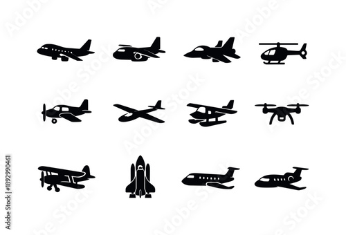 Aircraft Icon Set. Aircraft Types. Solid icon set of Aircraft Types: passenger jet, cargo plane, fighter jet, helicopter, propeller plane, glider, seaplane,