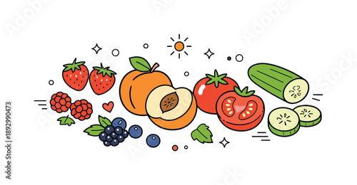 Summer Produce Abundance. Summer produce illustration. Bright fruits like berries, peaches, tomatoes, and cucumbers arranged in an open composition. Warm,