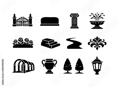 Royal Garden Decor Icons. Royal garden decor. Solid icon set of royal garden decor: palace gate, trimmed hedge, marble column, fountain splash, rose bed, stone