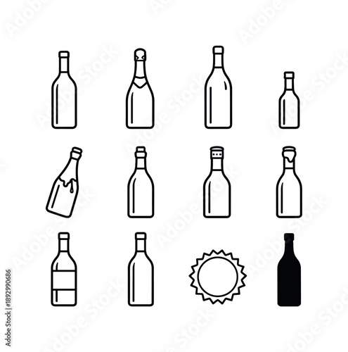 Wine Bottle Icons. Wine bottles. Line icon set of Wine bottles: standard bottle, sparkling bottle, magnum bottle, mini bottle, aged bottle, corked bottle,
