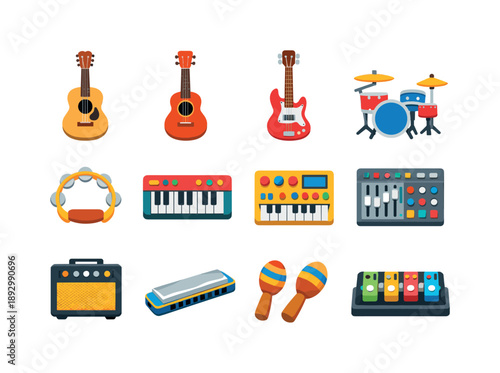 Indie Instrument Icons. Indie Instruments. Colorful flat vector icons set of Indie Instruments: acoustic guitar, ukulele, bass guitar, small drum