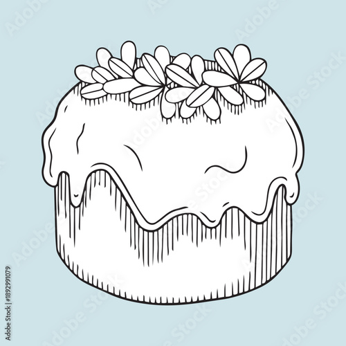 Hand-drawn illustration of Easter cake with floral wreath decoration in graphic detailed sketch style on light blue background
