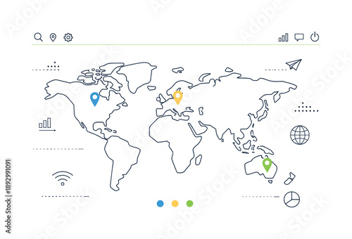 Modern World Map Interface. World map digital interface. A modern, UI-friendly world map graphic optimized for dashboards and apps, with simplified shapes and