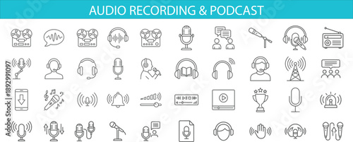 Audio recording and podcast line icons set featuring microphone, headphones, radio, sound waves, voice chat, broadcasting, studio equipment symbols for mobile apps, websites, UI design