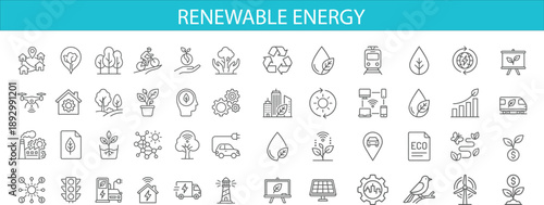 Minimal line eco icon set illustrating renewable energy, sustainability, green technology, recycling, smart city, electric transport, clean power, environmental conservation 