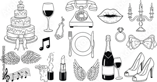 Vector illustration of romantic and celebratory icons including cake, wine, ring, shoes, music, candle, elegance and love concept