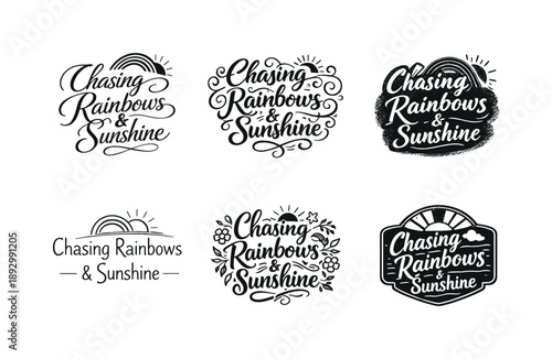 Lettering Variations Grid. Chasing rainbows and sunshine. Set lettering. harmonious lettering variations of the same emblematic concept, each with different