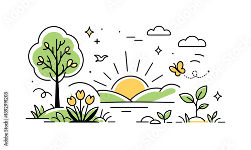 Sunlit Nature Revival. Nature illuminated again. Trees, plants, or fields softly lit by returning sunlight. Sense of growth, warmth, and life slowly coming