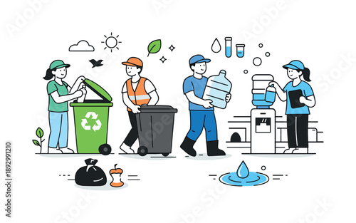 Community Waste Solutions. Water treatment and waste management solutions. Community workers handling waste bins and water containers with organized movements