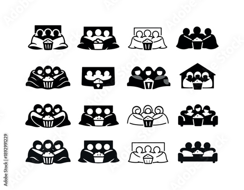 Cozy Movie Night Icons. Friends enjoying a cozy movie night at home with popcorn and blankets. Icon set. Set Logo of Friends enjoying a cozy movie night at