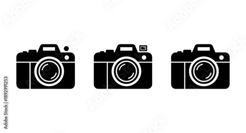 Three black camera icons with different features displayed side by side on white background